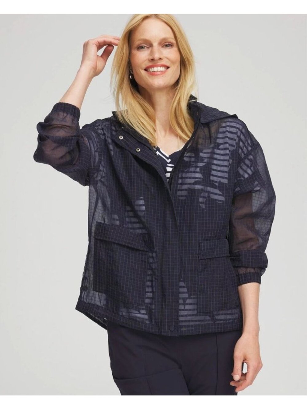 Chicos Zenergy Sheer Navy Blue Lightweight Textured Hooded Jacket With Pockets S